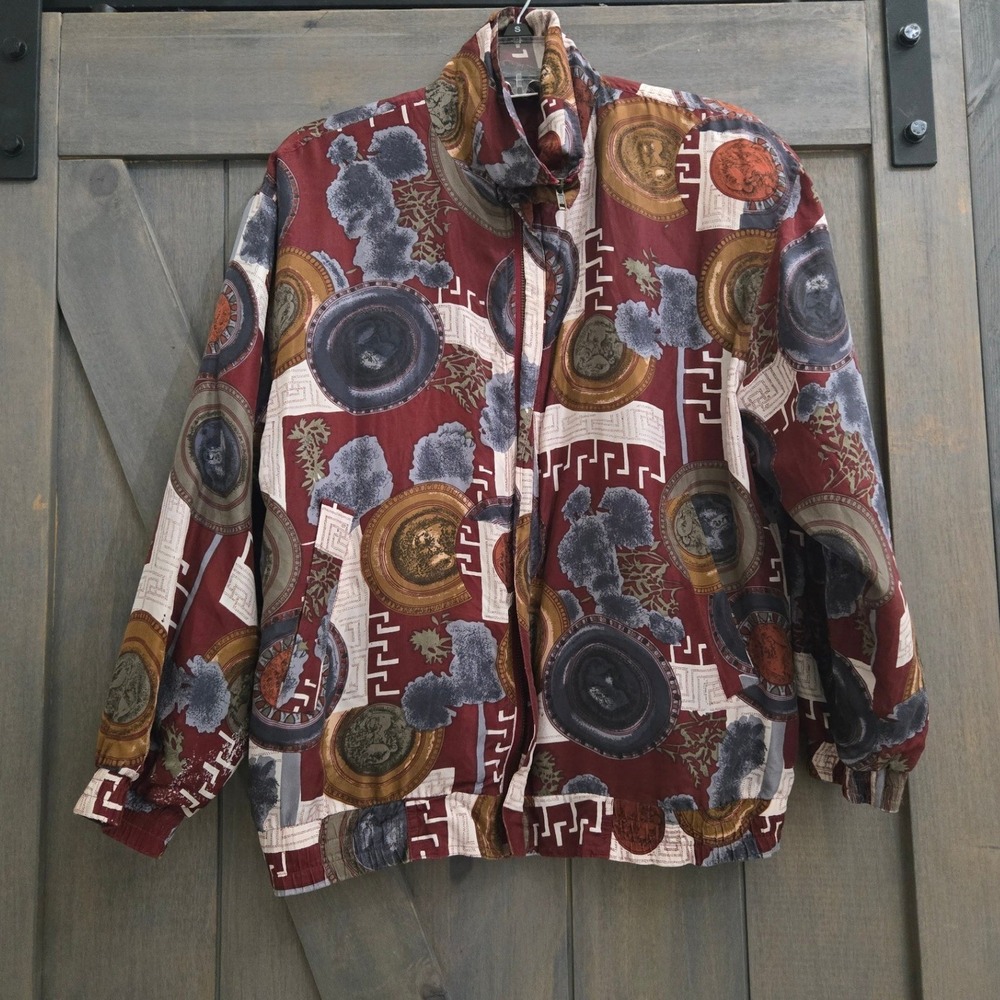 FU DA International Silk‎ Bomber Jacket Small Burgundy Medallion Vintage